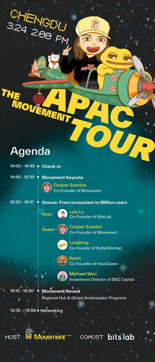 MoveBit_'s tweet photo. 🏄  @movementlabsxyz APAC Tour lands in #Chengdu on Mar 24, 2025!

💍Join us  for #Web3 & #MoveLanguage breakthroughs.

🏆 Hear from Movement Labs co-founder Cooper Scanlon, attend our “Gmove: From Ecosystem to Million Users” panel with #BitsLab, #ButterKitchen, #HackQuest & #SNZCapital, score exclusive #NFT badges, and discover Movement Lab's Reveal of Regional Hub & Global Ambassador Programs. Don’t miss it!

🔥 Register NOW: 👉 https://t.co/bRdaEo69go

#TheMovement #Blockchain #Crypto #APAC #Developers #Investors 🔥
