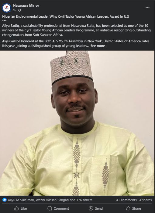 ALIYU SADIQ ξ¨ (@aliyusadiq_gky) on Twitter photo I am feel highly honored! Thank you Nasarawa Mirror for the spotlight!
God bless our Environment, God bless Nigeria, God bless Nasarawa State!
<a href="/FaridaAAsule/">HE, Haj. Farida Abdullahi Sule</a> <a href="/NasarawaInvest/">Nasarawa Invest</a> <a href="/NS_YOUTHVOICE/">NASARAWA STATE YOUTH VOICE</a> <a href="/GovNasarawa/">Governor Nasarawa</a> <a href="/NasarawaGovt/">Nasarawa State Government</a> I am feel highly honored! Thank you Nasarawa Mirror for the spotlight!
God bless our Environment, God bless Nigeria, God bless Nasarawa State!
<a href="/FaridaAAsule/">HE, Haj. Farida Abdullahi Sule</a> <a href="/NasarawaInvest/">Nasarawa Invest</a> <a href="/NS_YOUTHVOICE/">NASARAWA STATE YOUTH VOICE</a> <a href="/GovNasarawa/">Governor Nasarawa</a> <a href="/NasarawaGovt/">Nasarawa State Government</a>
