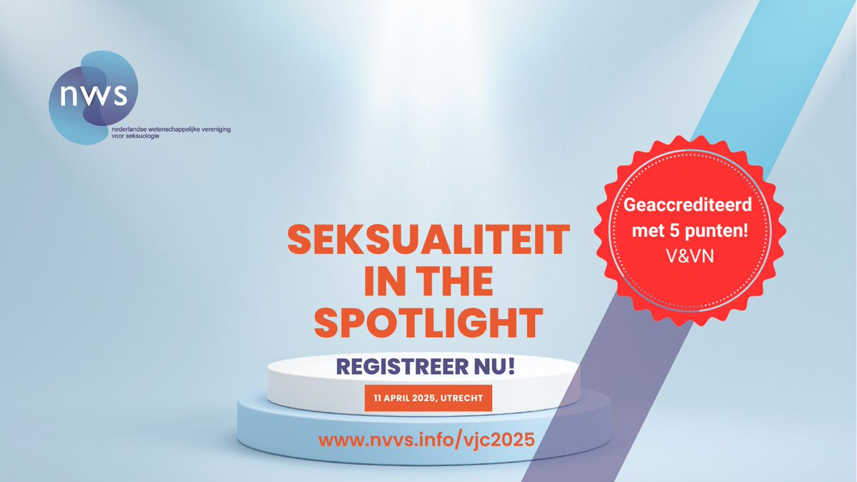 Het NVVS Voorjaarscongres 'Seksualiteit in the Spotlight' op 11 april in Utrecht is geaccrediteerd met 5 punten door de V&amp;VN. Live erbij of later on-demand? Beide tellen mee.
Zorg dat je erbij bent en meld je vandaag nog aan!
nvvs.info/voorjaarscongr…