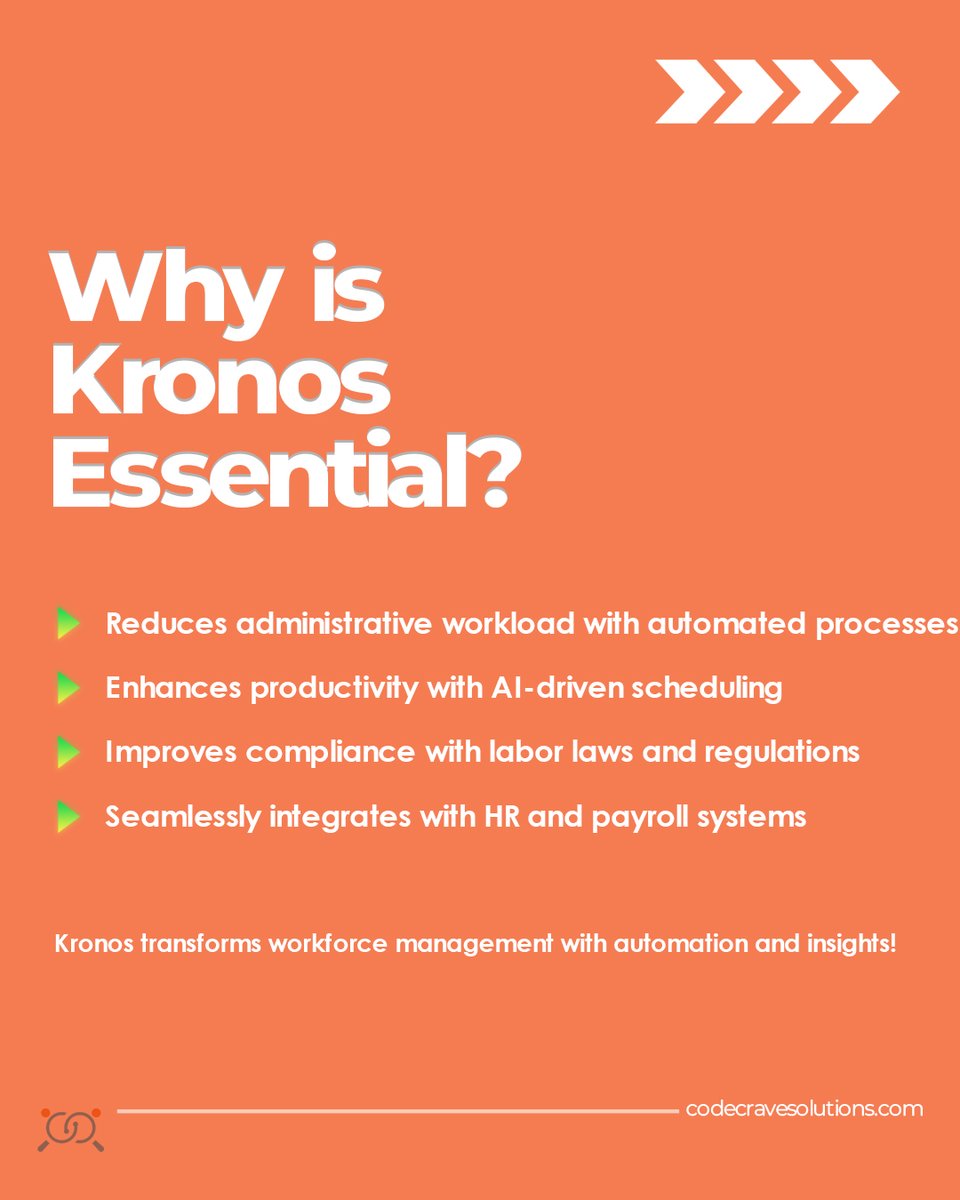 Codecrave2024's tweet photo. 🚀 Take control of workforce management with Kronos! From time tracking to payroll automation, Kronos simplifies operations across industries. Let CodeCrave Solutions help you optimize efficiency and compliance. Ready to transform your workforce? Let’s connect! ⏳💼

#kronos https://t.co/W3pvUTbCXr