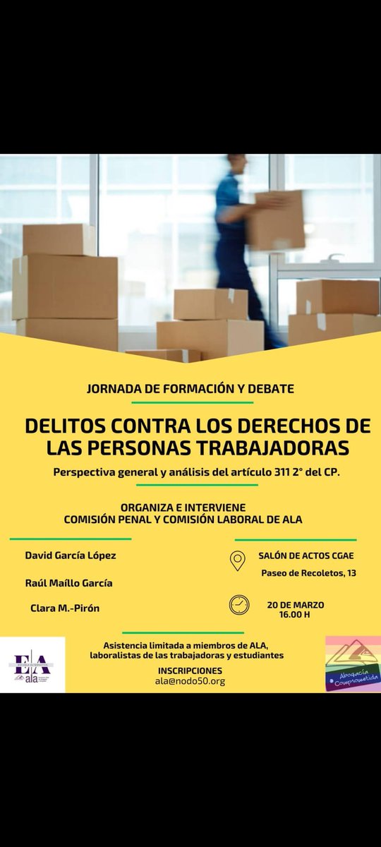 [Comisión Penal y Laboral] Recordad ❗❗❗  Este jueves 20 de marzo contamos con este interesante acto para conocer los delitos contra los derechos de las personas trabajadoras.
#AbogacíaComprometida 

🕔16:00h
📍Paseo de Recoletos, 13