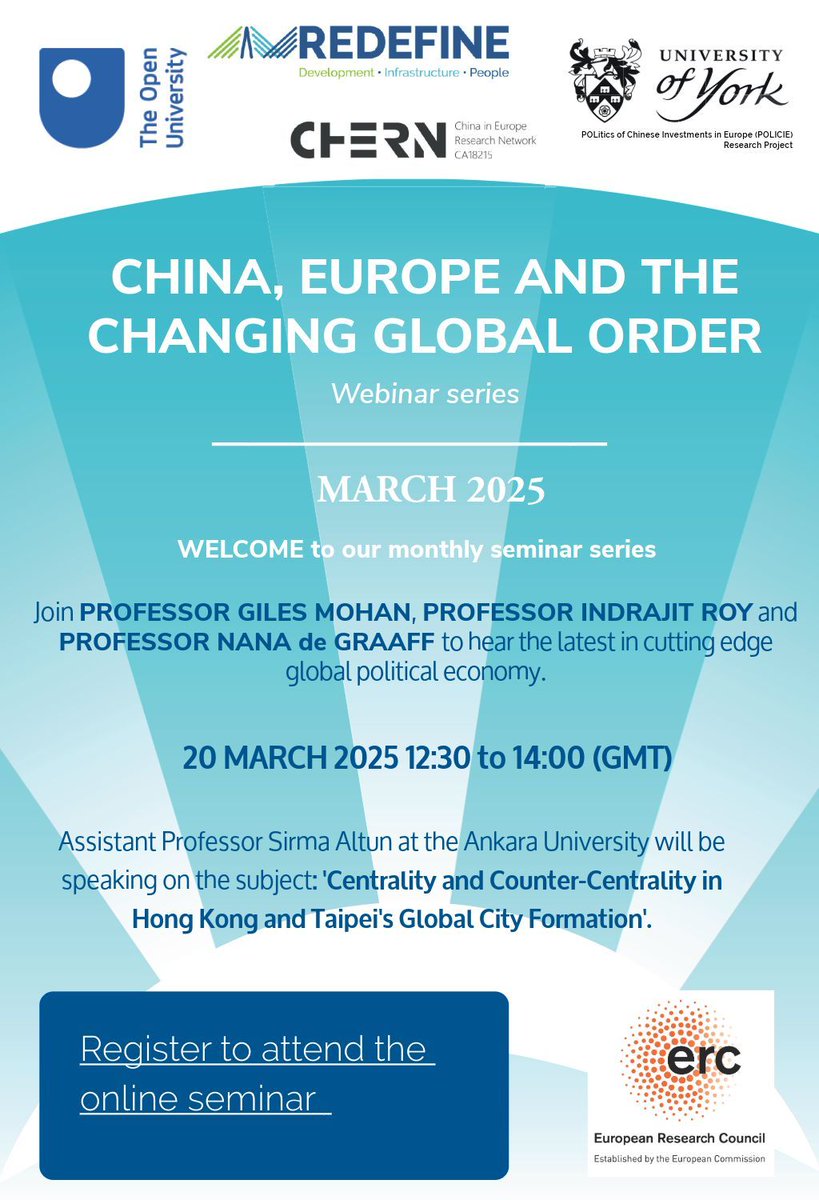 The REDEFINE project in collaboration with CHERN &amp; the <a href="/UniOfYork/">University of York</a> next Global China Seminar
📅 20 March
✨ <a href="/Sirmaaltun1/">Dr. Sirma Altun</a> will deliver a talk on “Centrality and Counter-Centrality in Hong Kong and Taipei’s Global City Formation”.

Find out more >>
buff.ly/aIHHhVe