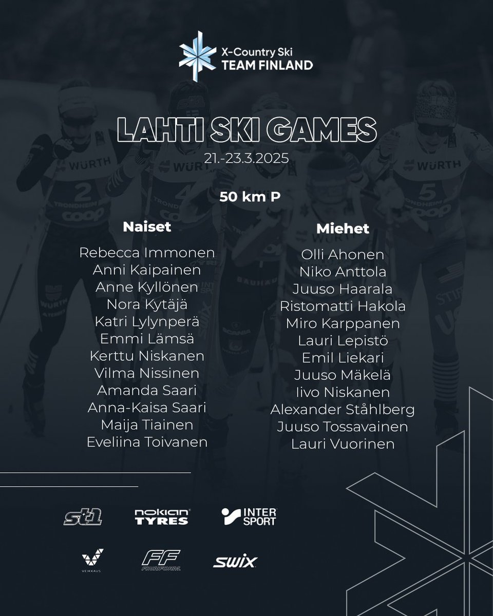 Kauden viimeiset startit lähestyy – ja vielä kotona Salpausselän kisoissa Lahdessa 🇫🇮🔥 Viikonloppuna maailmancup-kausi saa arvoisensa päätöksen kotiyleisön edessä. Katso Suomen joukkue kauden finaaliviikonloppuun.

Lue lisää: hiihtoliitto.fi/pohjoismaisten…

#xcteamfin #hiihto