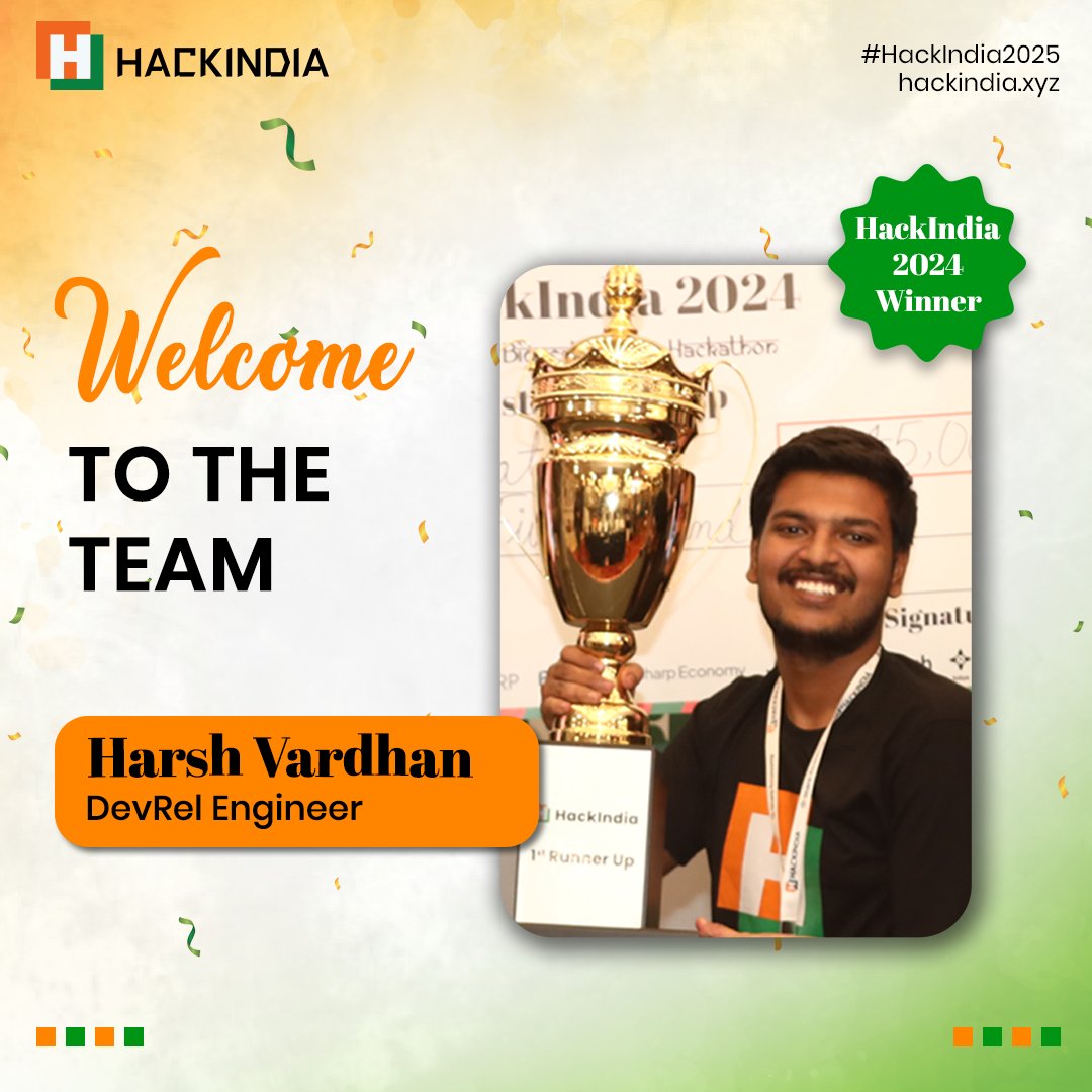 HackIndiaXYZ's tweet image. One of the #HackIndia2024 winner is now part of the @HackIndiaXYZ family! We’re excited to welcome @devharsh2k4 to Team #HackIndia as a DevRel Engineer. Welcome aboard! hackindia.xyz
#HackIndia2025 #WelcomeToTheTeam #AI #Blockchain