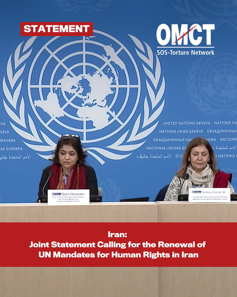 omctorg's tweet photo. 🇮🇷 The UN Fact-Finding Mission on Iran (FFMI) confirmed ongoing crimes against humanity, including extrajudicial killings, torture and sexual violence, enabled by systemic impunity.

We urge states at #HRC58 to renew the UN Special Rapporteur’s mandate and establish a strong investigative mechanism to build on the FFMI’s work, preserve evidence and pursue justice. 

🔗 Read our joint statement: https://t.co/SgysrnqBGx 

#StopExecutions #HumanRights #Iran #EndTorture #StopExecutions #HumanRights #Iran @AmnestyIran @HRANA_English @IranHumanRight1 @impactiran @UN_HRC @drmaisato @IranHrm @IHRDC @ICHRI @Iran_GOV