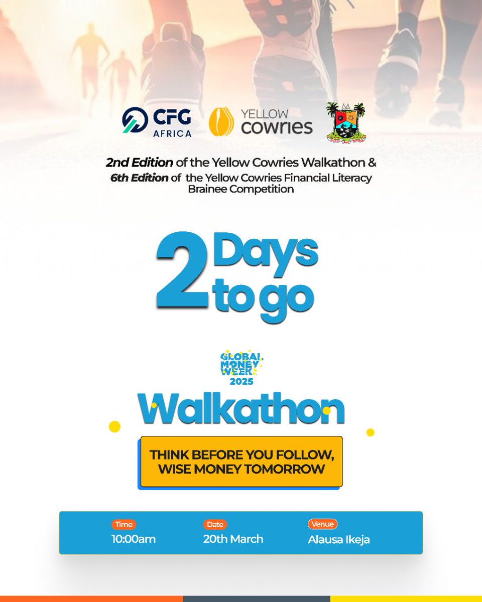 yellowcowries's tweet photo. 2 DAYS TO GO! 🥳

The excitement is building! 

Don’t miss our walkathon and the Brainee Financial Literacy Competition happening this Thursday!

Join us as we raise awareness about the importance of financial literacy while showcasing the skills of our young competitors. https://t.co/mzi7HqjRye