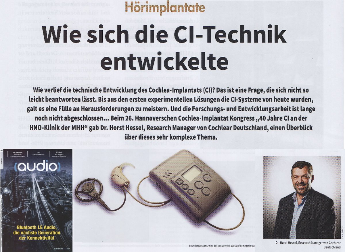 Schaarschmidts's tweet image. „Wie sich die CI-Technik entwickelte“ – meinen  Beitrag zum Vortrag von Dr. Horst Hessel von @CochlearDe beim 26. HCI-Kongress gibt’s jetzt in @AudioInfosDE – inkl. Einladung zur Hörlösuns-Studie auch für #Hörakustiker &amp;amp; #HNO-Ärzte (siehe Link)

presse-de.cochlear.com/pressreleases/…