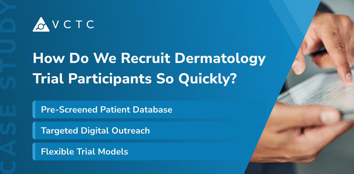 At VCTC, we’ve developed an efficient approach to dermatology trial recruitment.

By leveraging targeted digital outreach and flexible trial models, we have successfully reduced barriers and accelerated recruitment timelines.

Read the full case study 👉 lnkd.in/evEGmzbt