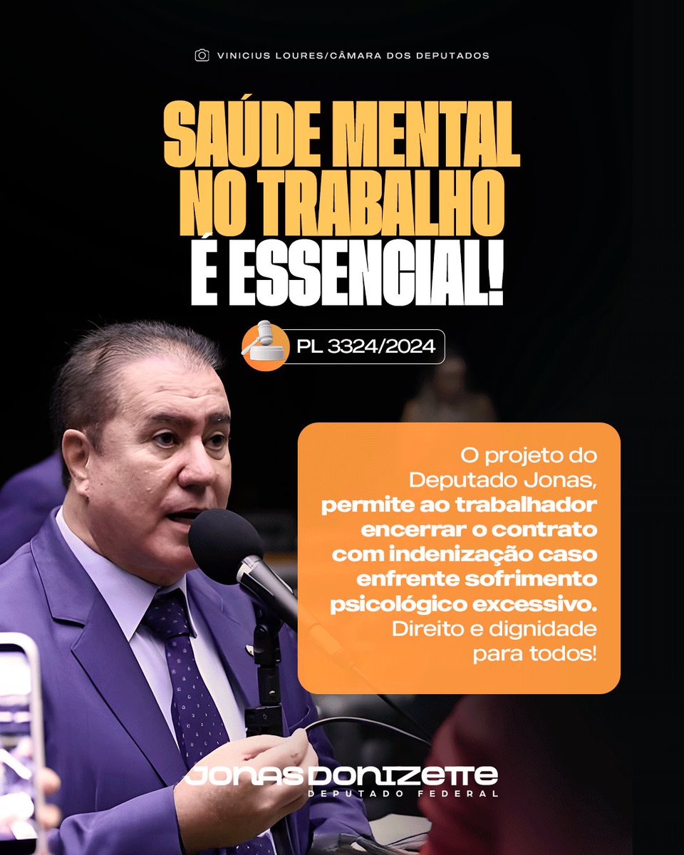 Apresentei um projeto de lei para garantir que trabalhadores em sofrimento psicológico possam encerrar o contrato com indenização, diante do alto índice de afastamentos por depressão, ansiedade e Burnout no Brasil.