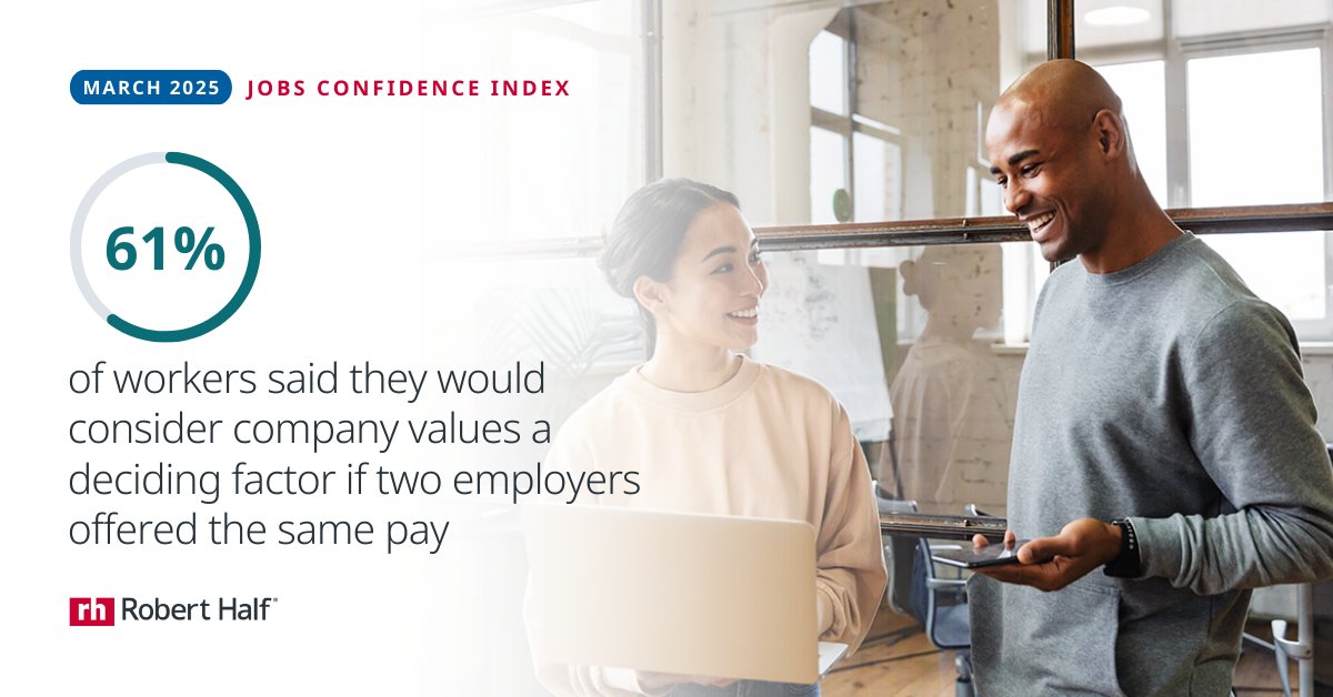 61% of UK workers will base their decision on the company’s values when choosing between two opportunities, with 47% also considering a brand’s ESG efforts. For more, download our Jobs Confidence Index here: bit.ly/425Jdlj

#CompanyValues #UKJobMarket #Management
