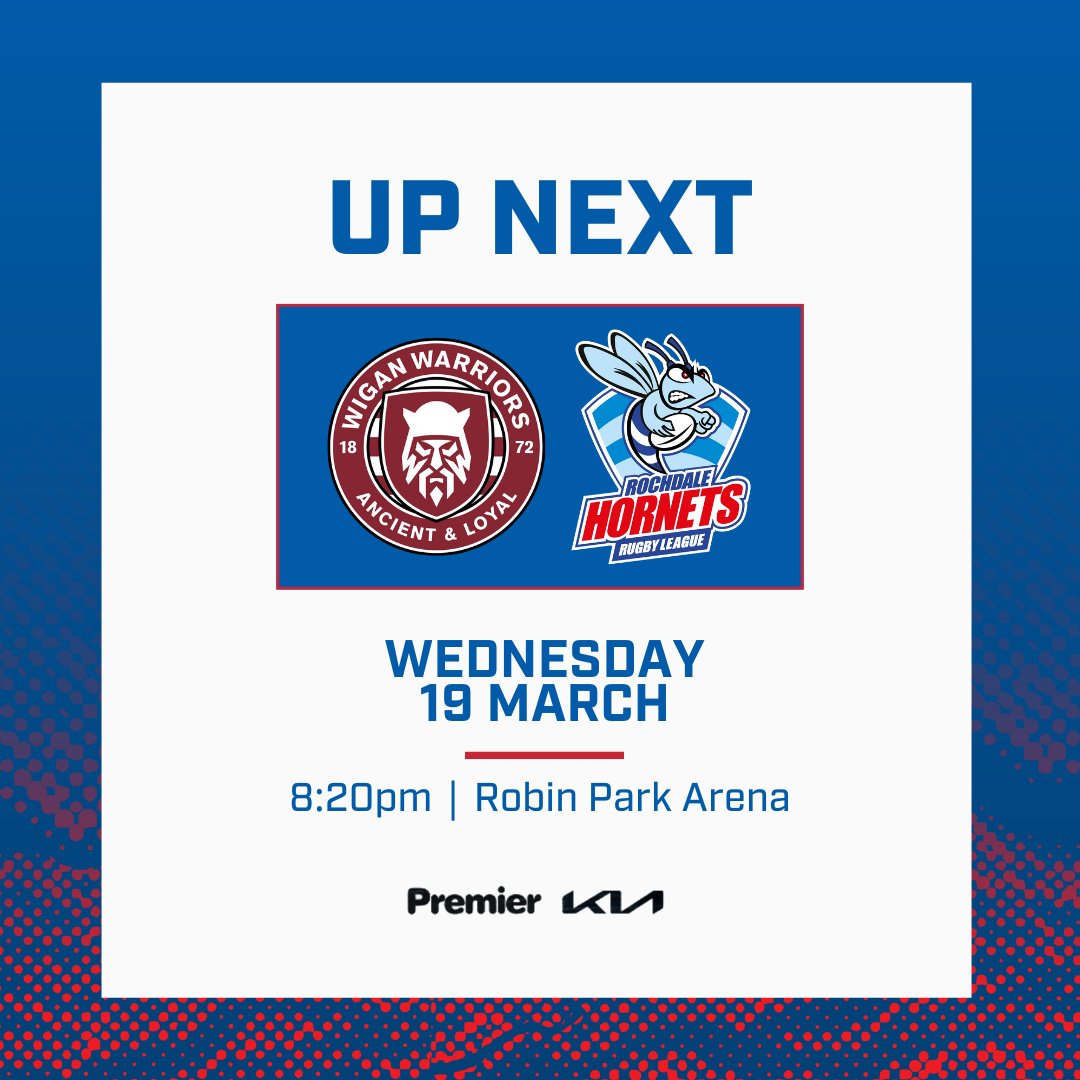 Up next for our Hornets Wheelchair side! 💪

🆚 <a href="/WiganWarriorsRL/">Wigan Warriors 🍒⚪️</a>
📅 Wednesday 19 March
🏟️ Robin Park Arena
⏰ 8:20pm kick-off
🏆 Pre Season
