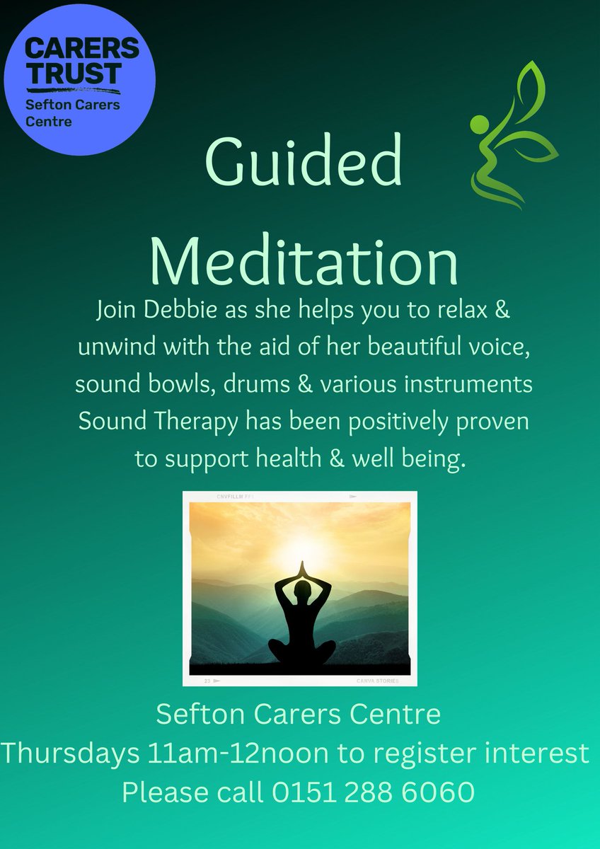 Every Thursday we host our Guided Meditation sessions as tutor Debbie takes our carers through a relaxing journey of sound therapy to put people at ease and lift away stresses. Please call to book your place and join us. #Sefton #CarersSupport buff.ly/3Xx1Db9