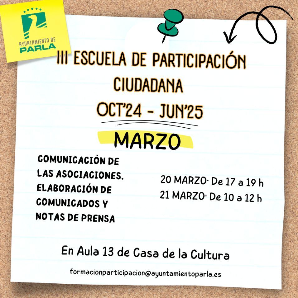 📢 ¡Atención asociaciones! ¿Queréis ampliar vuestros conocimientos de comunicación para dar a conocer vuestras actividades, proyectos, iniciativas...? Pues no dejéis pasar esta cita de la III Escuela de Participación Ciudadana. 😀 
<a href="/AytoParla/">Ayuntamiento de Parla</a>