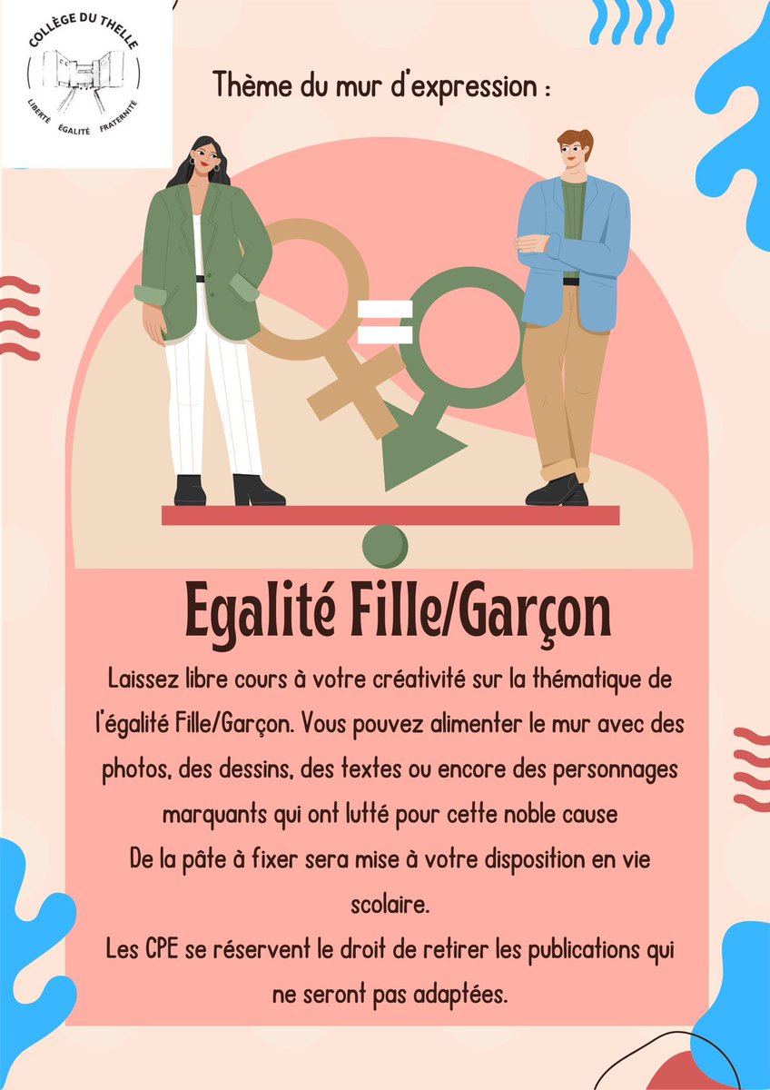 Nouveau thème pour le mur d’expression:
Égalité Fille/Garçon
🖼️🧑‍🎨👨‍🎨🖌️🎨
#meru #collegeduthelle #acamiens #education #oise #egalitefillegarcon