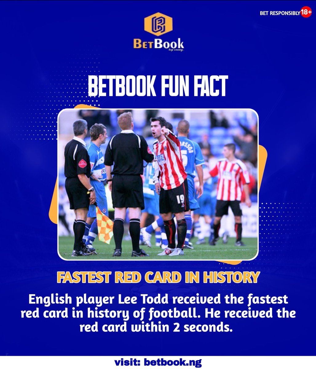 #betbbook #funfact Fastest Red card in #football #History was received by Lee Todd. 
#betbooofunfact #Tommavi #linglingkwong #SnowWhiteTH #EPL #SportsNews