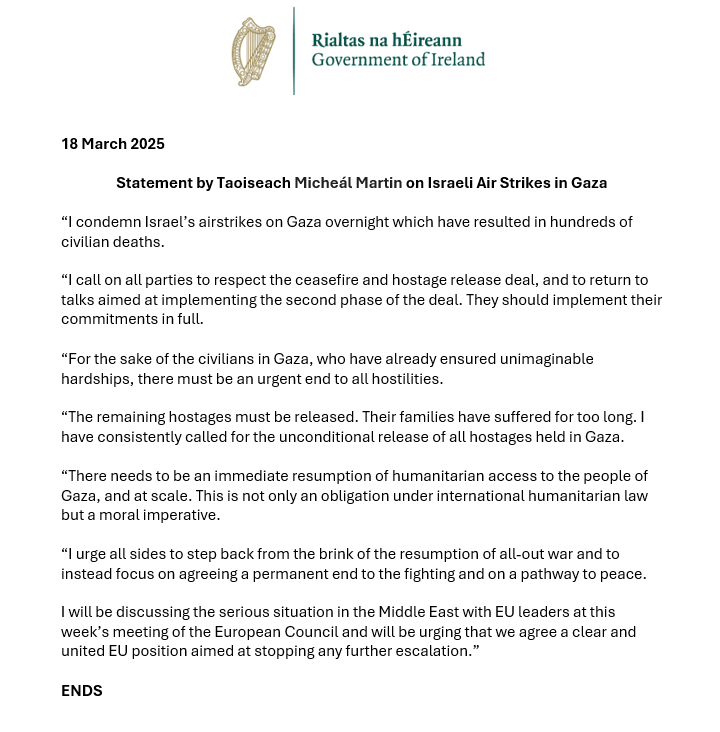 MichealMartinTD's tweet photo. My statement on the air strikes in Gaza. https://t.co/rZNTZavTrI