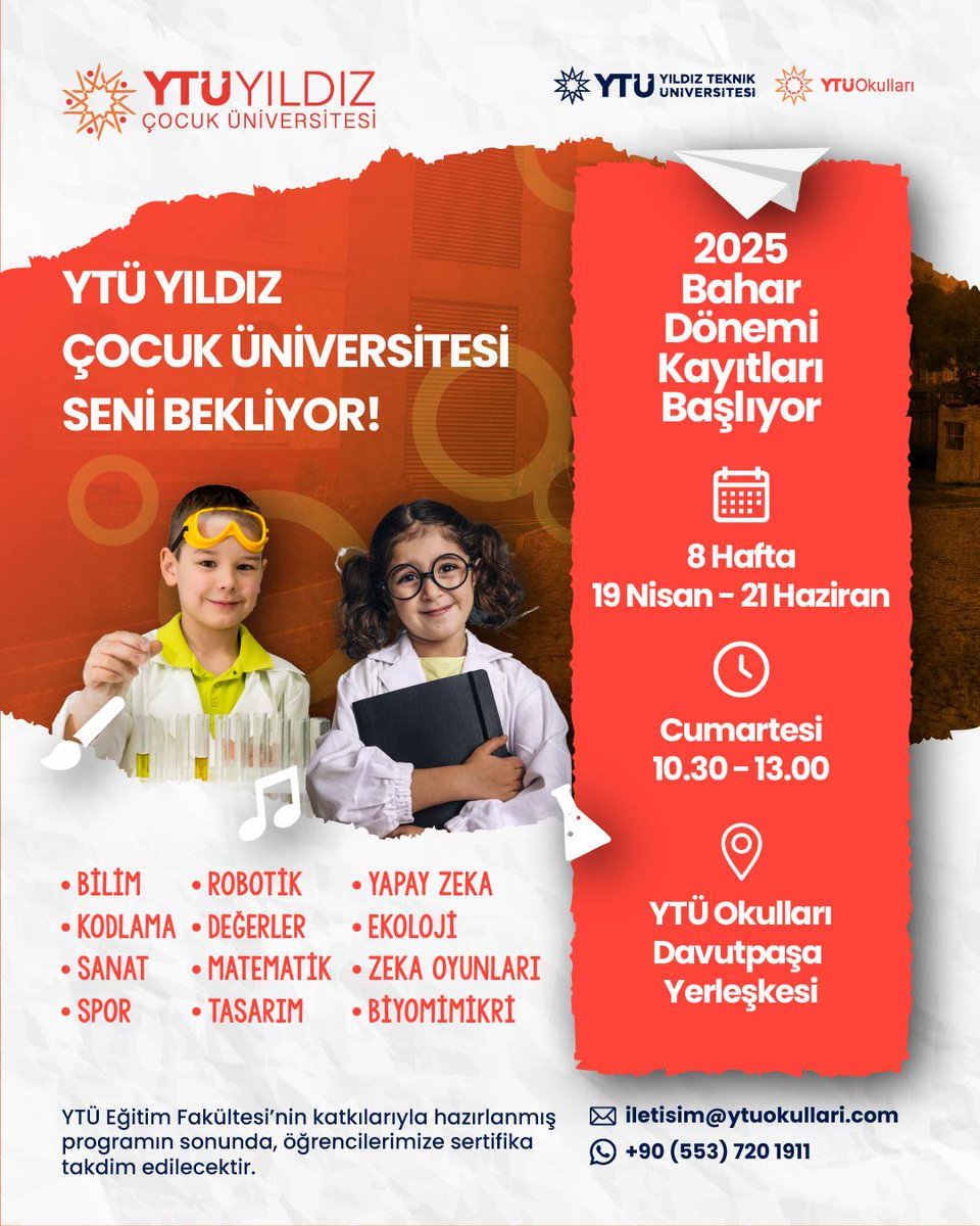 YTÜ Yıldız Çocuk Üniversitesi’nde Bahar Dönemi Kayıtları Başladı! 🚀

Bilimi ve öğrenmeyi sevdiren üniversite: Yıldız Çocuk Üniversitesi!

YTÜ Okulları olarak, bilim, sanat ve teknolojiyle dolu unutulmaz bir eğitim deneyimi sunuyoruz! Yıldız Teknik Üniversitesi’nin akademik