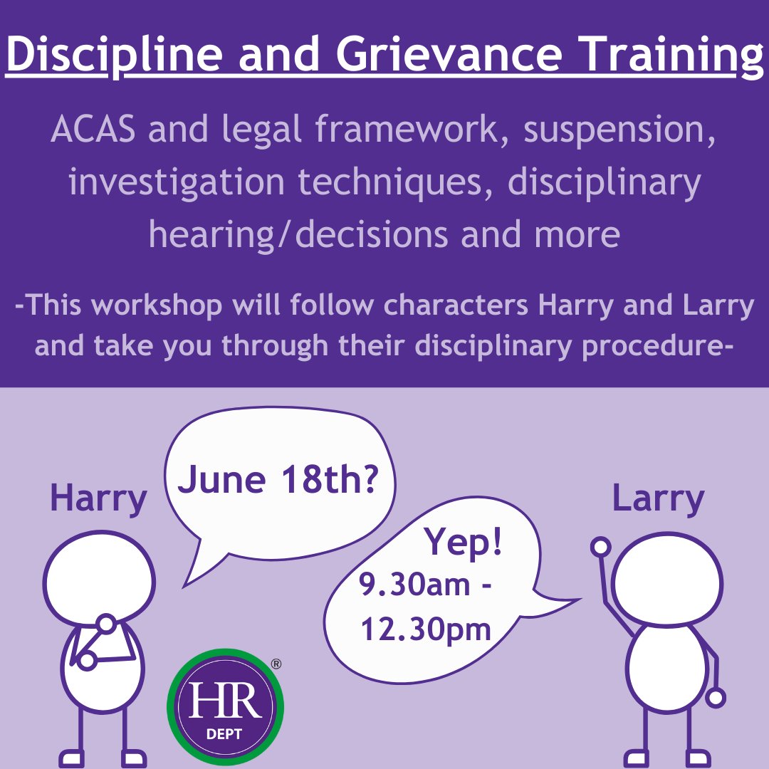 HRDeptSLondon's tweet image. Join us as we take you through everything you need to know regarding disciplinary and grievance. 

Early Bird discount is available until the end of April. Book via the link in our bio.

#HRDeptSouthLondon  #GrievancePolicy #DisciplinaryProcess #HRWorkshops #HRDevelopment