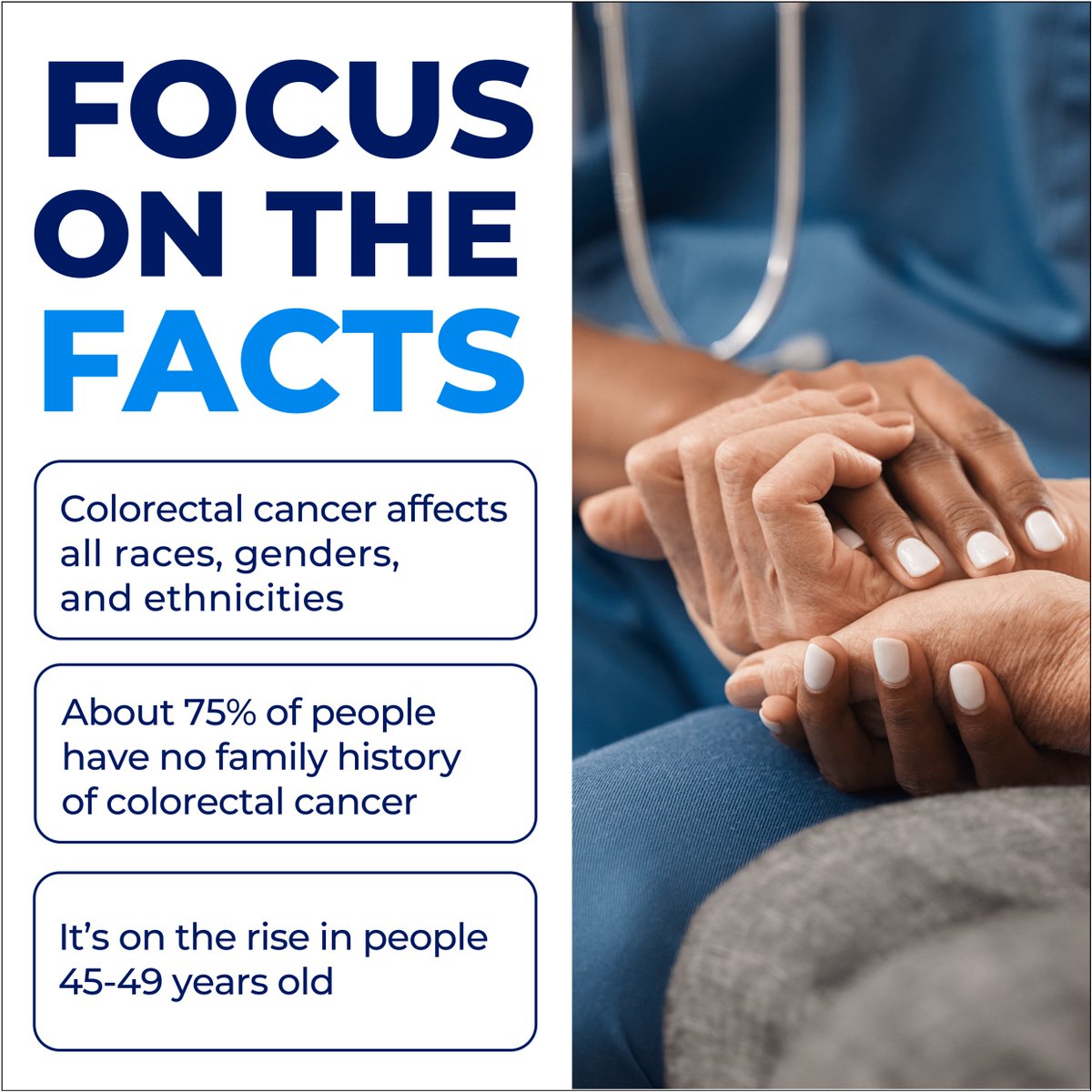 When CRC is detected early, there is about a 90% 5-year survival rate. Key facts: CRC affects all races, genders, and ethnicities, about 75% of people have no family history of colorectal cancer, &amp; CRC is on the rise in adults under 50%. Talk to your healthcare provider today!
