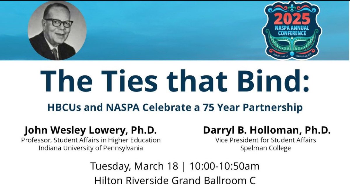 Are you interested in HBCUs, the history of <a href="/NASPAtweets/">NASPA</a> , or student affairs more broadly? Join Darryl Holloman, Ph.D. &amp; I for The Ties that Bind: HBCUs &amp; NASPA Celebrate a 75 Year Partnership, on this morning (Tue.) at 10:00am in the Hilton Riverside Grand Ballroom C. #NASPA25