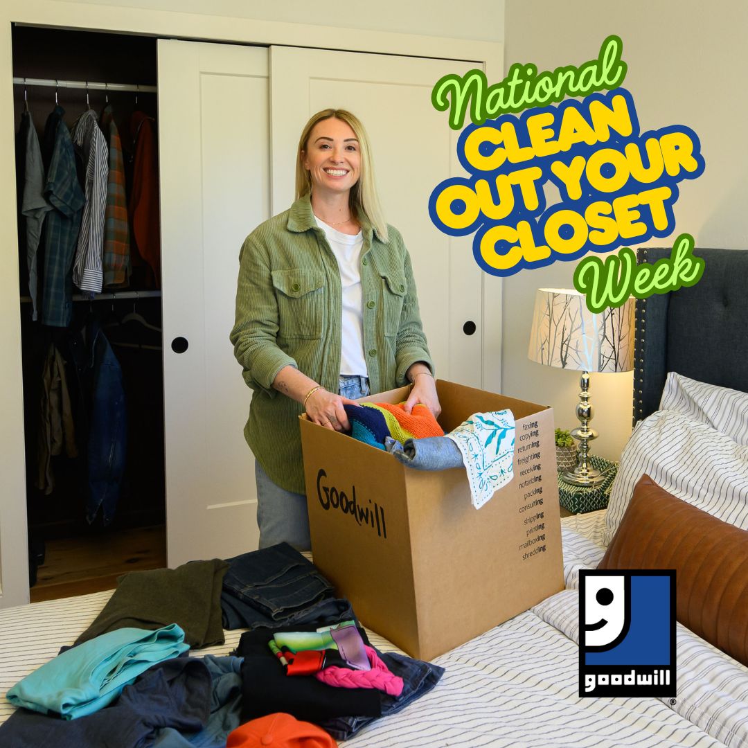 MarionGoodwill's tweet photo. This week is National Clean Out Your Closet Week. If you need a little motivation or a reminder to declutter your home, this is an observance you don’t want to miss! Visit https://t.co/iA6YxlvZ1X to find a donation center in your neighborhood. #nationalcleanoutyourclosetweek https://t.co/JAgxOscmA4