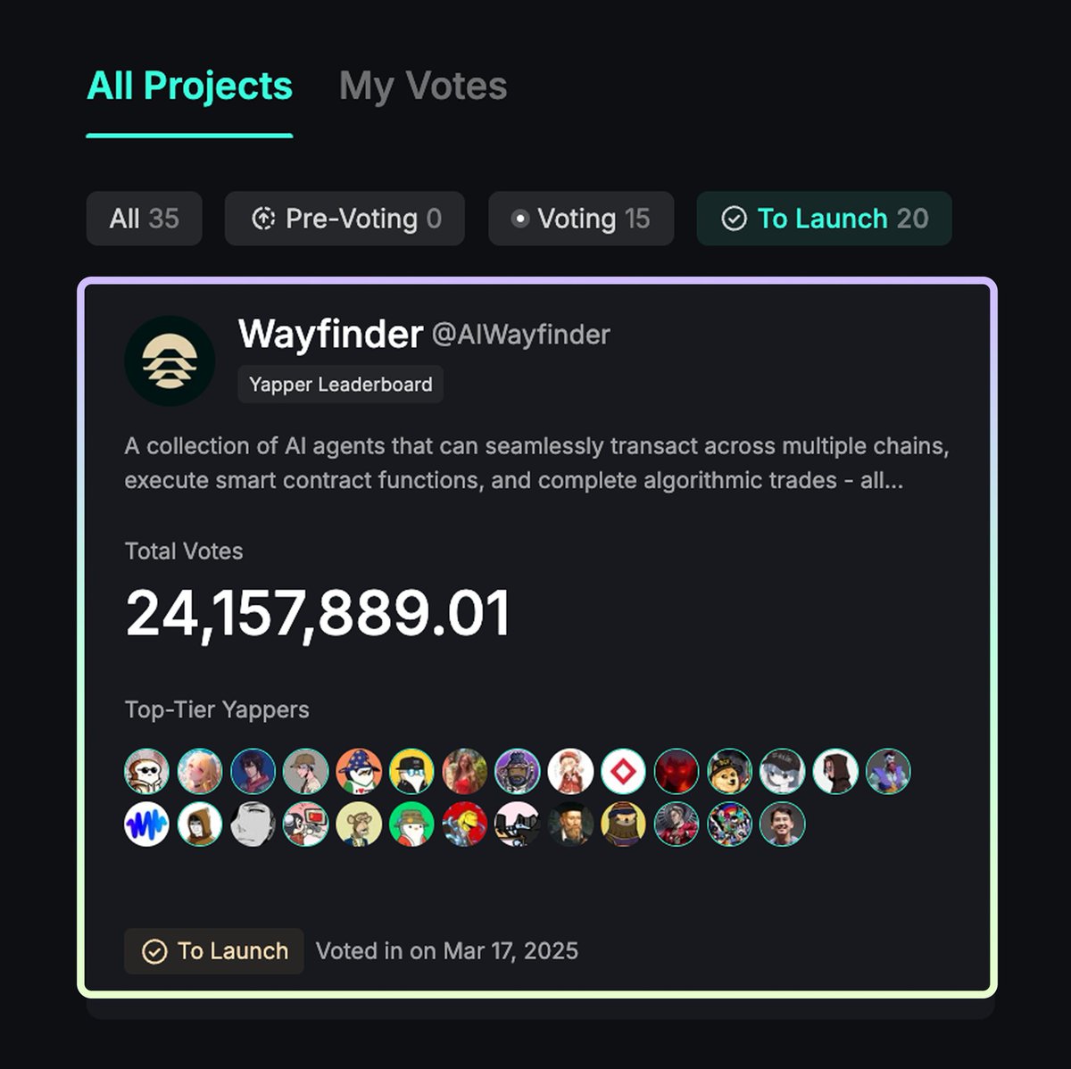 Kaito AI 🌊 (@kaitoai) on Twitter photo .<a href="/AIWayfinder/">Wayfinder Foundation</a> is the next Pre-TGE project selected from the Yapper Launchpad!
Voted for by all of you - their leaderboard coming in ~7 days time 🫡 .<a href="/AIWayfinder/">Wayfinder Foundation</a> is the next Pre-TGE project selected from the Yapper Launchpad!
Voted for by all of you - their leaderboard coming in ~7 days time 🫡