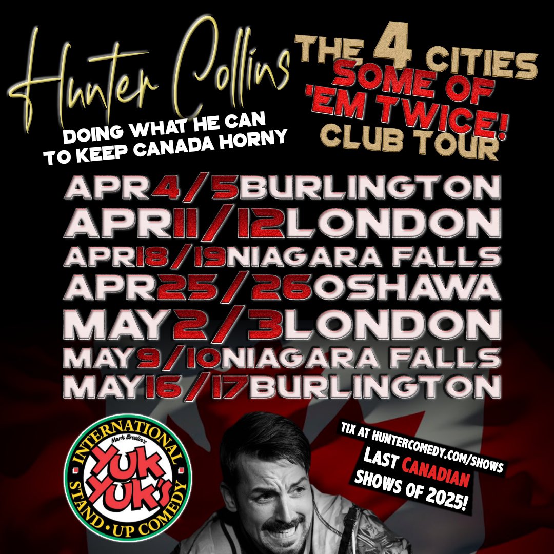 🇨🇦 Forget elbows - get those gonads up! 🇨🇦
Come to the club, make like the knees of JD Vance’s pants when Donnie comes out of the shower and get ripped! Join me in horny decadence!

Tix links at huntercomedy.com/shows