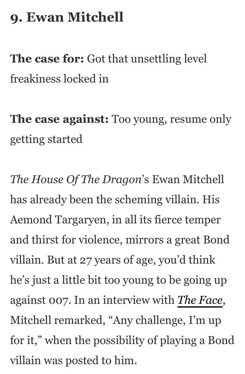 GQ Australia lists Ewan Mitchell as one of the 15 actors most likely to play the next Bond villain.