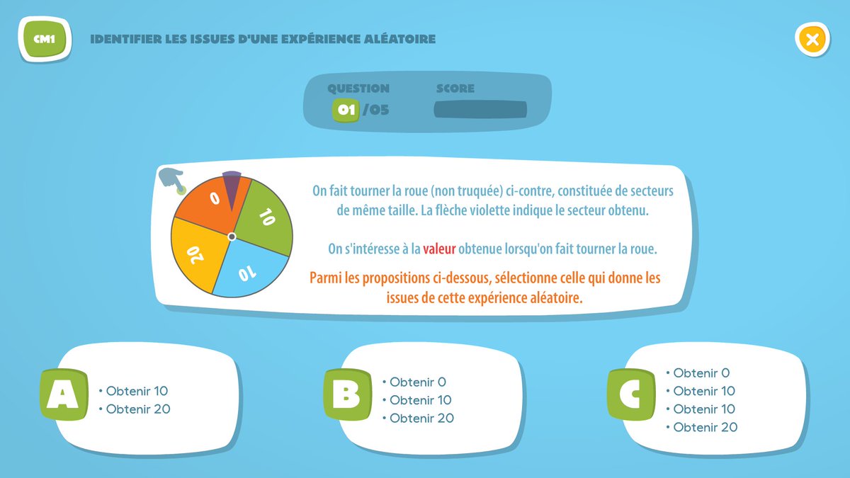 Second exercice en développement dans l'appli Aléa : Identifier les issues d'une expérience aléatoire (CM1)