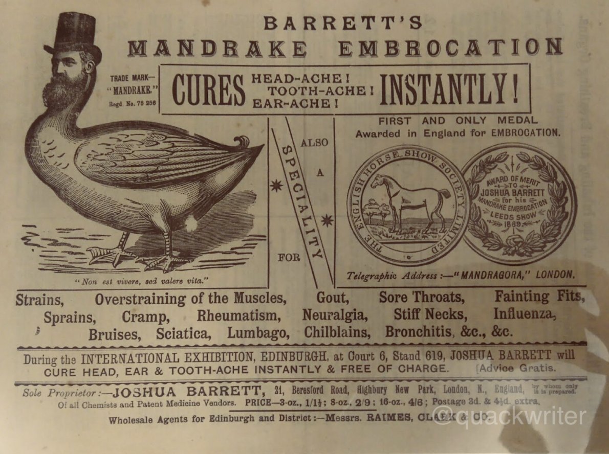 Got a muscle cramp, sprain or bruise? Have you tried Barrett's *Mandrake Embrocation* by Victorian "Quack" doctor, Joshua Barrett? 🦆

Read more below in our blog from Caroline Rance!  ⬇️

#mandrakeroot #herbalhistory #quackdoctors #histmed #C19th 

herbalhistory.org/home/the-apost…