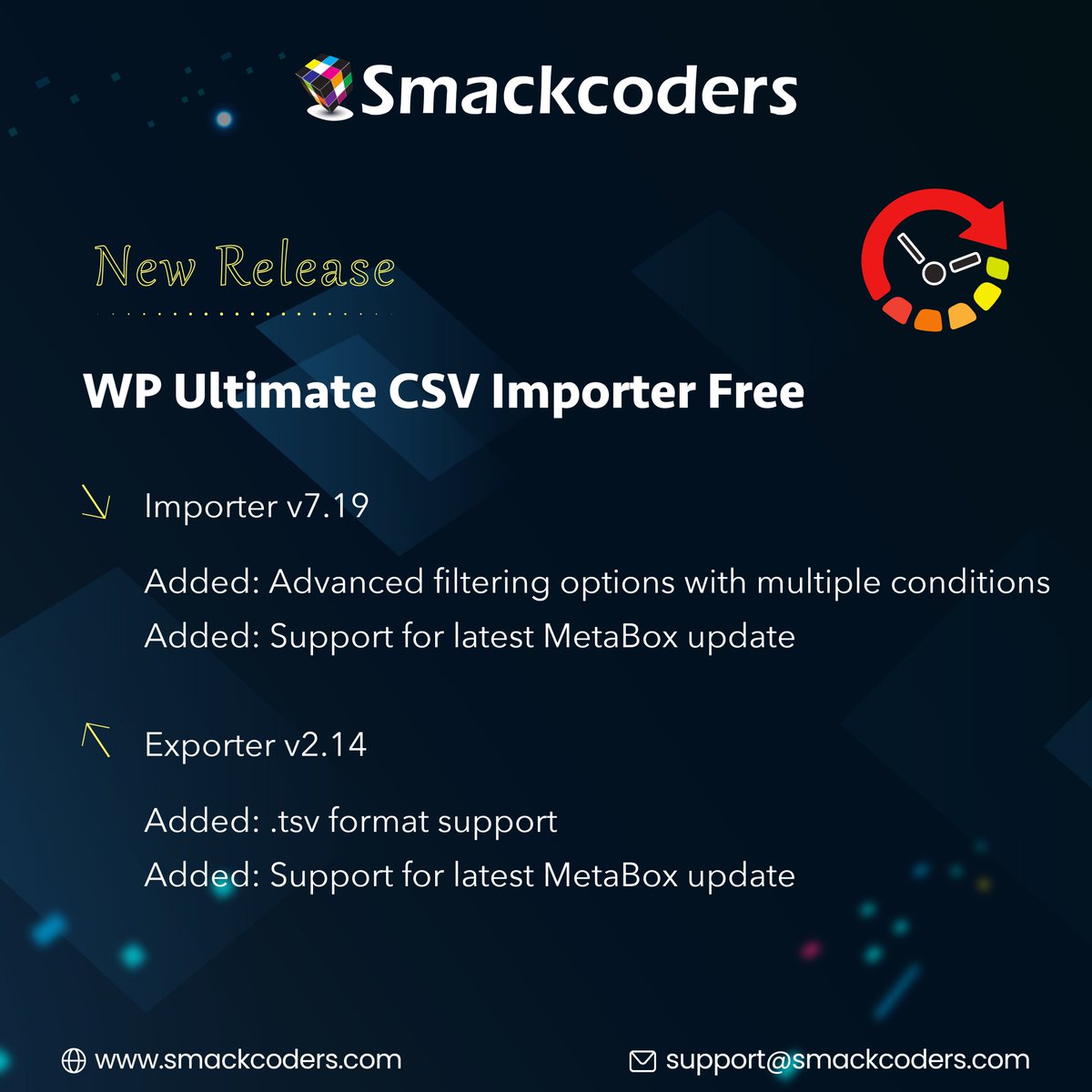 smackcoders's tweet image. WP #UltimateCSVImporter Free - New Release!

Take your #WordPress data handling to the next level.

✅ Importer v7.19: Advanced filtering, latest MetaBox update support

✅ Exporter v2.14: .TSV format, support for latest MetaBox update

Try it now → wordpress.org/plugins/wp-ult…