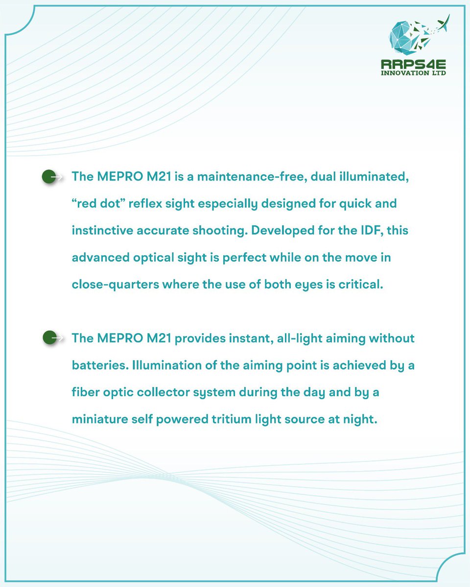 RRPS4E's tweet image. The MEPRO M21 is a self-illuminated, maintenance-free reflex sight designed for quick and instinctive shooting in any light condition.  No batteries, just fiber optics by day and tritium at night for all-light aiming!  
#RRPS4E #Defensetech
#MEPRO #M21
