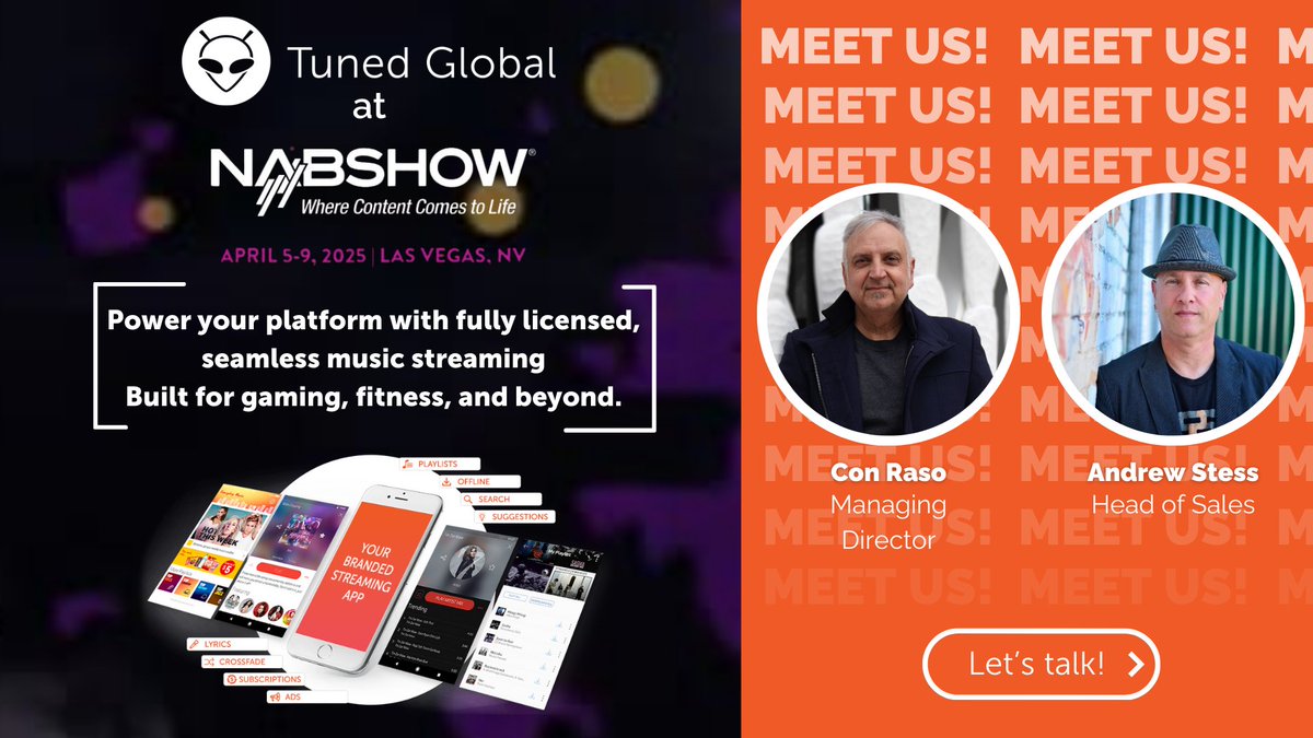 tunedglobal's tweet image. Meet us at @NABShow! 🎶 Let’s talk music streaming &amp;amp; licensing. Connect with our team in Vegas, 5–9 April. Book a meeting: tunedglobal.com/contact #NABShow2025 #MusicTech #StreamingSolutions