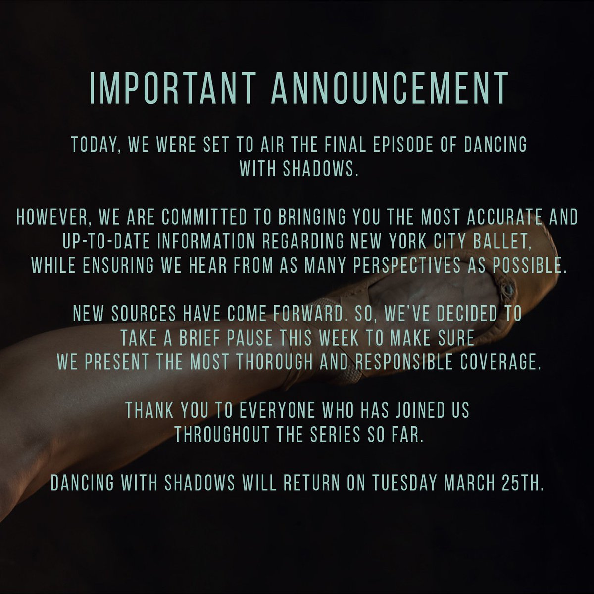 Dancing With Shadows will return on Tuesday March 25th.

Thank you to everyone who has joined us so far.

Subscribe to make sure you don't miss the rest of the series: lnk.to/dancingwithsha…