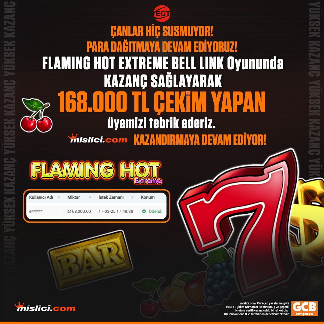 mislicicom's tweet photo. 💥 PARA DAĞITMAYA DEVAM EDİYORUZ!

🤝  EGT DIGITAL sağlayıcısı Flaming Hot Extreme Bell Link oyunundan kazanç sağlayarak 168.000 TL çekim yapan üyemizi tebrik ederiz!

❤️ Mislici kazandırmaya devam ediyor!

📱 https://t.co/zE1XLr3zth https://t.co/clZ6DjZYd0