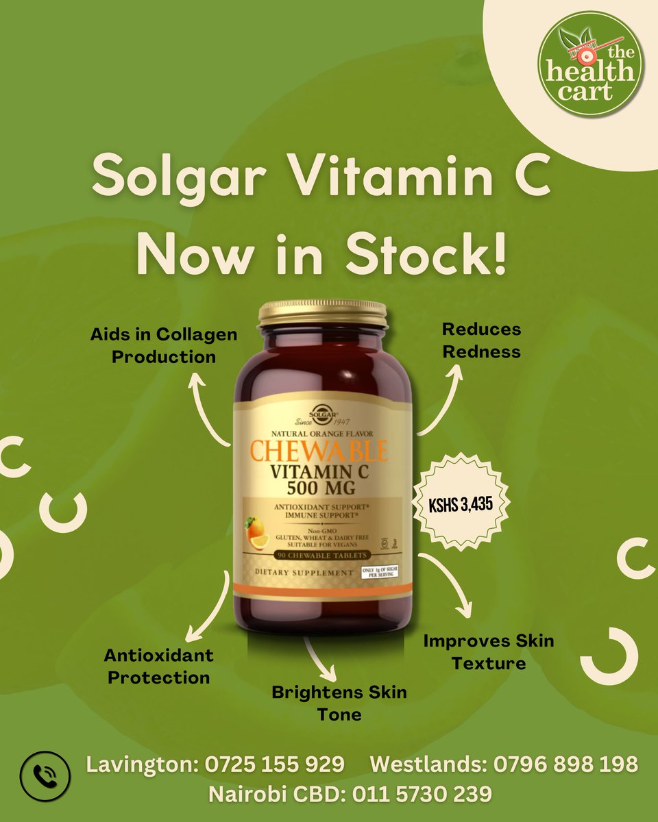 HealthCartKenya's tweet photo. 𝐘𝐨𝐮𝐫 𝐃𝐚𝐢𝐥𝐲 𝐃𝐨𝐬𝐞 𝐨𝐟 𝐑𝐚𝐝𝐢𝐚𝐧𝐜𝐞 &amp; 𝐏𝐫𝐨𝐭𝐞𝐜𝐭𝐢𝐨𝐧!
Now Available – Solgar Chewable Vitamin C 500MG
Our Chewable Vitamin C supports collagen production, fights free radicals, and boosts your immune system—all in a tasty, easy-to-take tablet. https://t.co/r9o68Izcu3