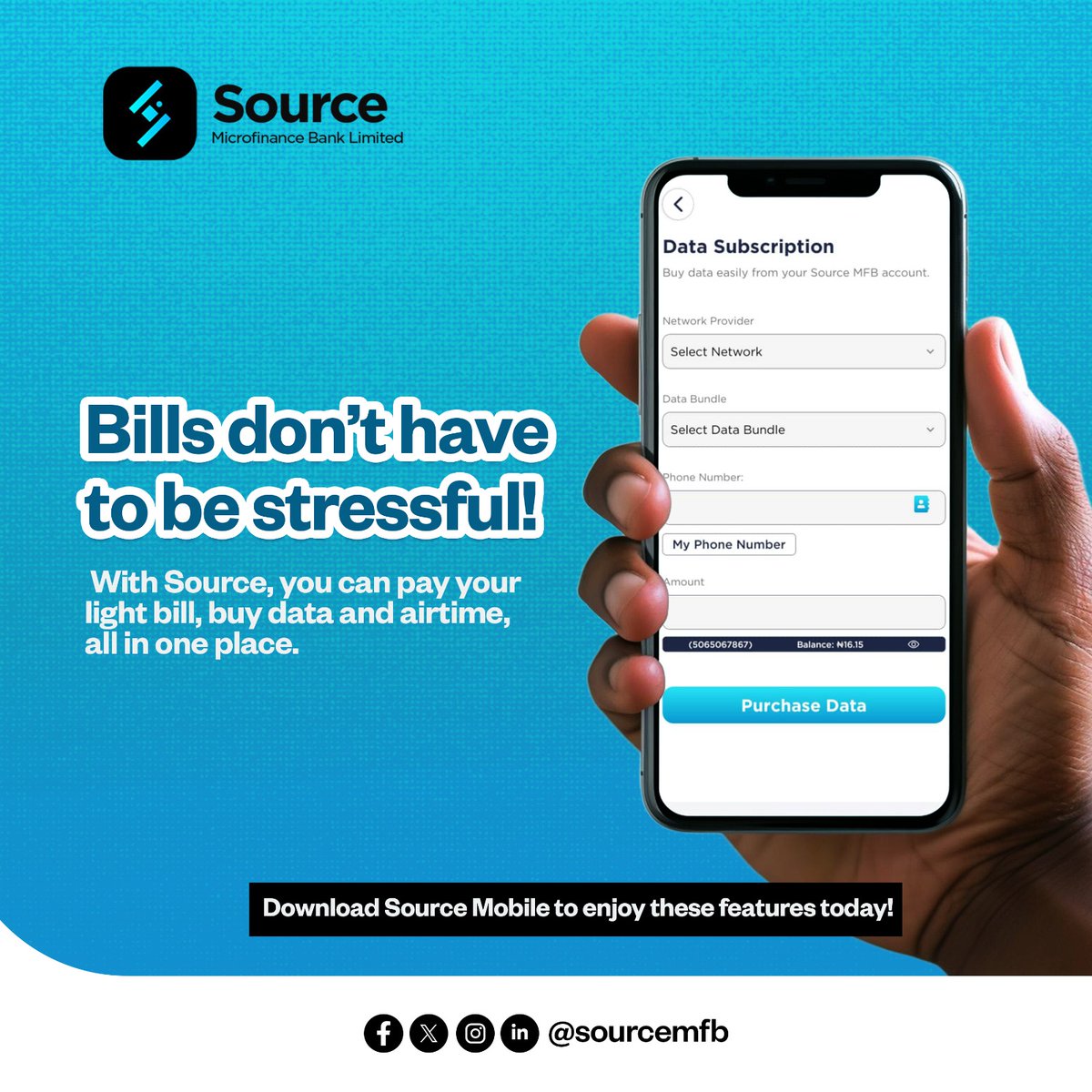 SourceMFB's tweet image. Managing your bills doesn’t have to be overwhelming. 

With Source Mobile, you can pay your light bill, purchase data, and buy airtime – all through one easy-to-use platform.  Download the app today.

#SourceMobile #SourceMicrofinanceBank #DigitalBanking