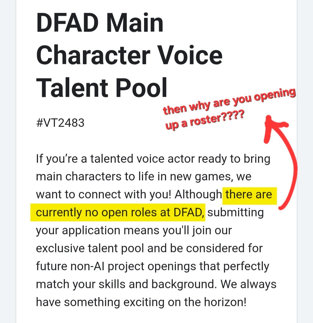 SkyeReddenVO's tweet photo. 🚨PSA on @/DFAD_TV 's ROSTER🚨

They *ACTIVELY CLONE VOICES* w/ AI

...&amp; ask for followers, on-cam auds, &amp; have no open roles anyway😑

Reminders😀
- follower count shouldnt matter
- voice acting is acting
- dont have clients? dont launch a roster
- research b4 applying to things https://t.co/xz2cCdT5bu