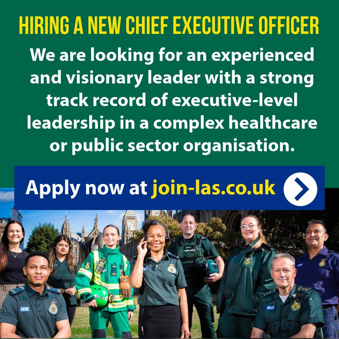 The Association of Ambulance Chief Executives (@aace_org) on Twitter photo #Vacancy: <a href="/Ldn_Ambulance/">London Ambulance Service</a> are hiring a new Chief Executive Officer.
They seek an inspirational, forward-thinking CEO to lead their dedicated, highly skilled workforce in delivering world-class urgent and emergency care across London.
👉 join-las.co.uk
Closes 1 April. #Vacancy: <a href="/Ldn_Ambulance/">London Ambulance Service</a> are hiring a new Chief Executive Officer.
They seek an inspirational, forward-thinking CEO to lead their dedicated, highly skilled workforce in delivering world-class urgent and emergency care across London.
👉 join-las.co.uk
Closes 1 April.
