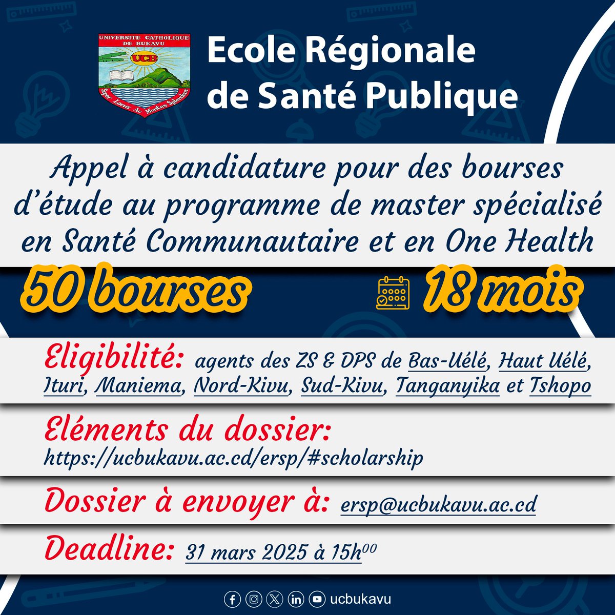 Le programme s’étend sur 18 mois.
La bourse couvre les frais de voyage des candidats vers Bukavu, d’hébergement et restauration par l’université ainsi que les frais académiques.
Détails 👉ucbukavu.ac.cd/ersp/#scholars…