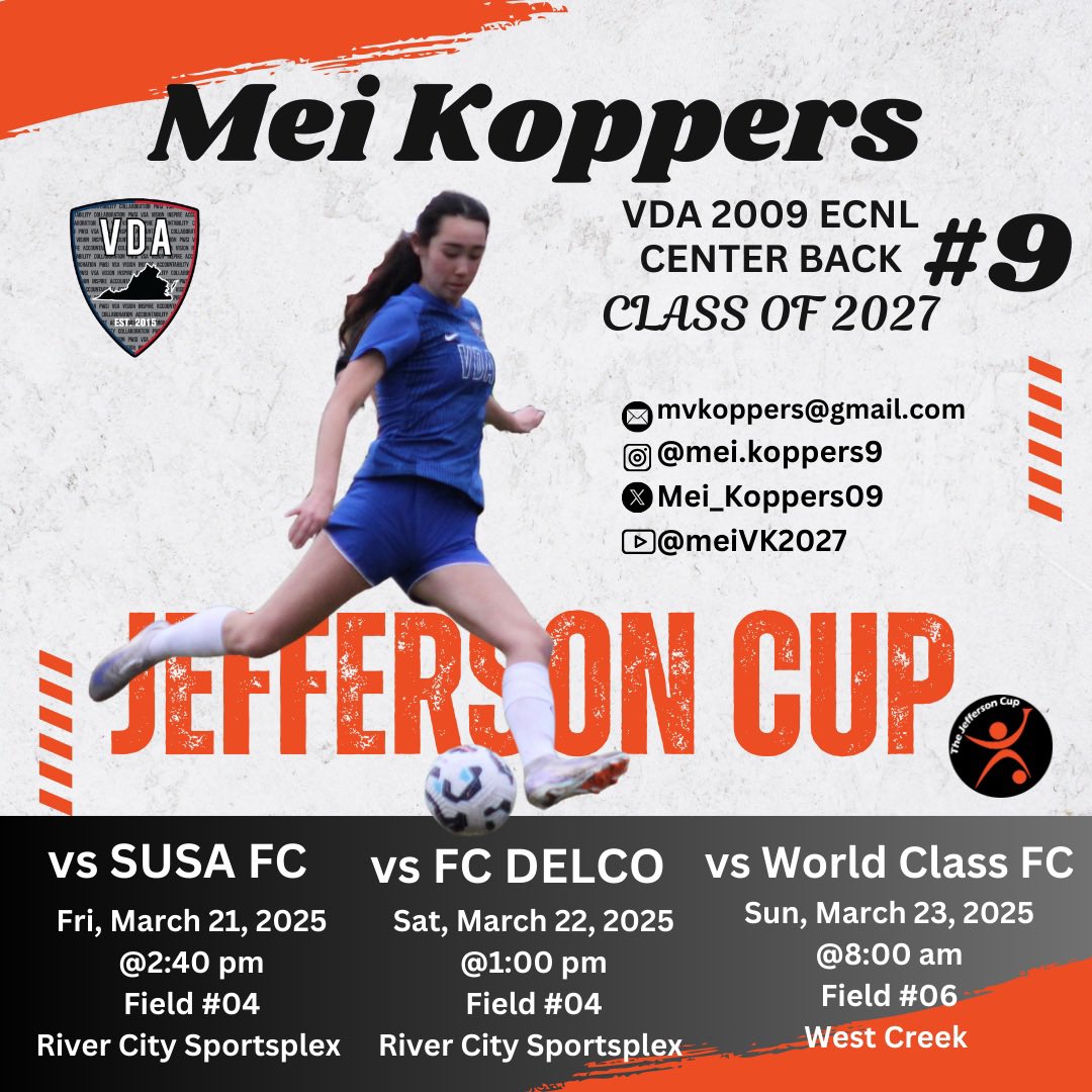 Mei Koppers (@mei_koppers09) on Twitter photo Excited to compete at <a href="/jeffersoncup/">Jefferson Cup</a> with my team <a href="/vda09ECNL/">VDA09ECNL</a> this weekend! Let’s go VDA!
<a href="/bobbypup/">Bobby Puppione</a> <a href="/vdasoccer/">Virginia DevAcademy</a> <a href="/ECNLgirls/">ECNL Girls</a> <a href="/TopDrawerSoccer/">TopDrawerSoccer</a> <a href="/PrepSoccer/">Prep Soccer ⚽️</a> <a href="/TheSoccerWire/">SoccerWire</a> <a href="/ImYouthSoccer/">ECNL/GA/Recruiting/College Soccer</a> Excited to compete at <a href="/jeffersoncup/">Jefferson Cup</a> with my team <a href="/vda09ECNL/">VDA09ECNL</a> this weekend! Let’s go VDA!
<a href="/bobbypup/">Bobby Puppione</a> <a href="/vdasoccer/">Virginia DevAcademy</a> <a href="/ECNLgirls/">ECNL Girls</a> <a href="/TopDrawerSoccer/">TopDrawerSoccer</a> <a href="/PrepSoccer/">Prep Soccer ⚽️</a> <a href="/TheSoccerWire/">SoccerWire</a> <a href="/ImYouthSoccer/">ECNL/GA/Recruiting/College Soccer</a>