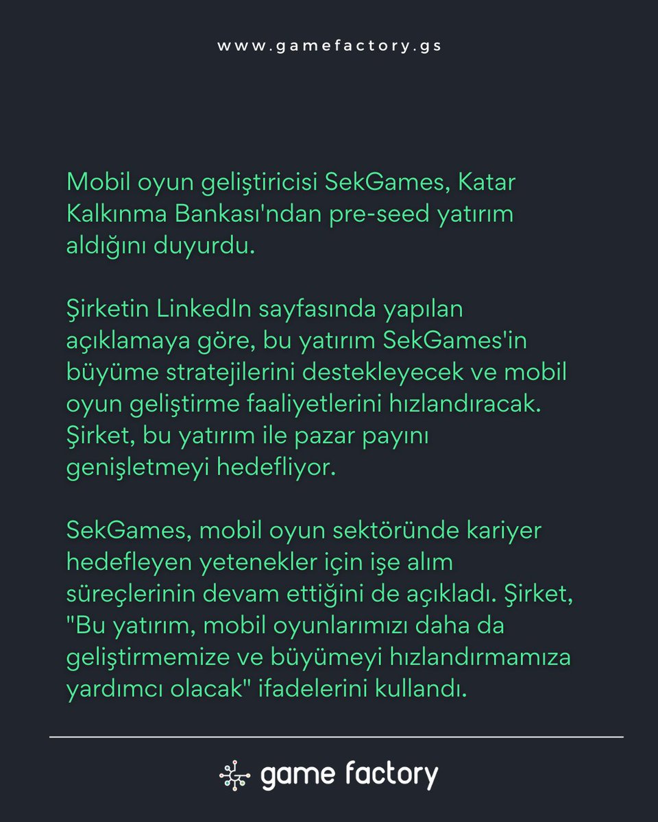 👏 <a href="/sekgames_/">Sek Games</a>  , Katar Kalkınma Bankası'ndan pre-seed yatırım aldı! Mobil oyun sektöründe büyüme hedefleyen şirket, bu yatırımla faaliyetlerini hızlandıracak. İşe alım ilanları için takipte kalın. 

#SekGames #MobilOyun #Yatırım #OyunHaberleri