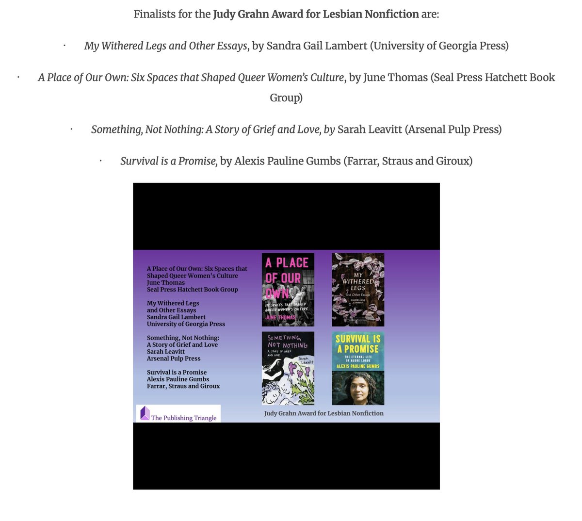 Such an honor to be nominated for the Publishing Triangle's Judy Grahn Award for Lesbian Nonfiction!