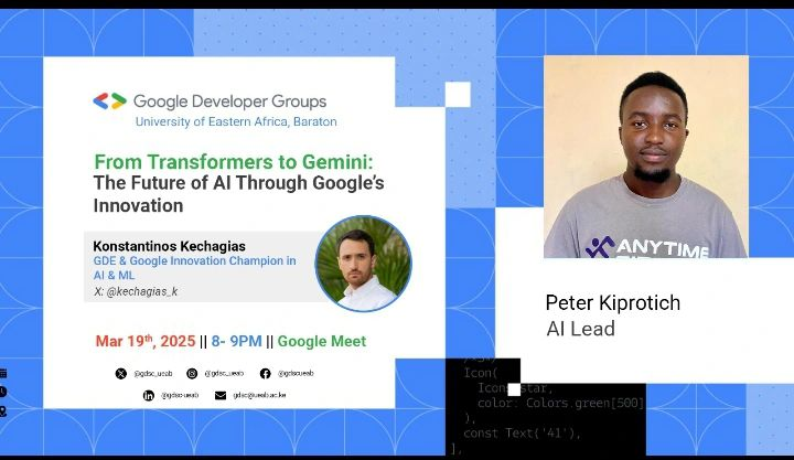 GDGoC University of Eastern Africa, Baraton (@gdsc_ueab) on Twitter photo Learn about Google's latest AI, including the technology behind its newest advancements led by <a href="/kechagias_k/">Konstantinos</a>
* Date: March 19th, 2025.
* Time: 8:00 PM - 9:00 PM (East Africa Time - EAT).
* Google Meet:lnkd.in/dJqihmyM
See you there!🚀 Learn about Google's latest AI, including the technology behind its newest advancements led by <a href="/kechagias_k/">Konstantinos</a>
* Date: March 19th, 2025.
* Time: 8:00 PM - 9:00 PM (East Africa Time - EAT).
* Google Meet:lnkd.in/dJqihmyM
See you there!🚀