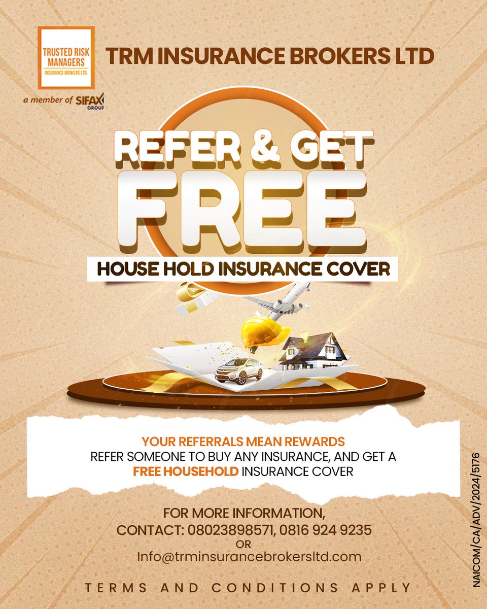 SifaxGroup's tweet image. It’s reward season! 💃

Refer someone to buy any Insurance, and get a free household Insurance cover.

Contact 08023898571, 0816 924 9235
OR
Info@trminsurancebrokersltd.com

#SIFAXGroup #trminsurance #insurancepartner