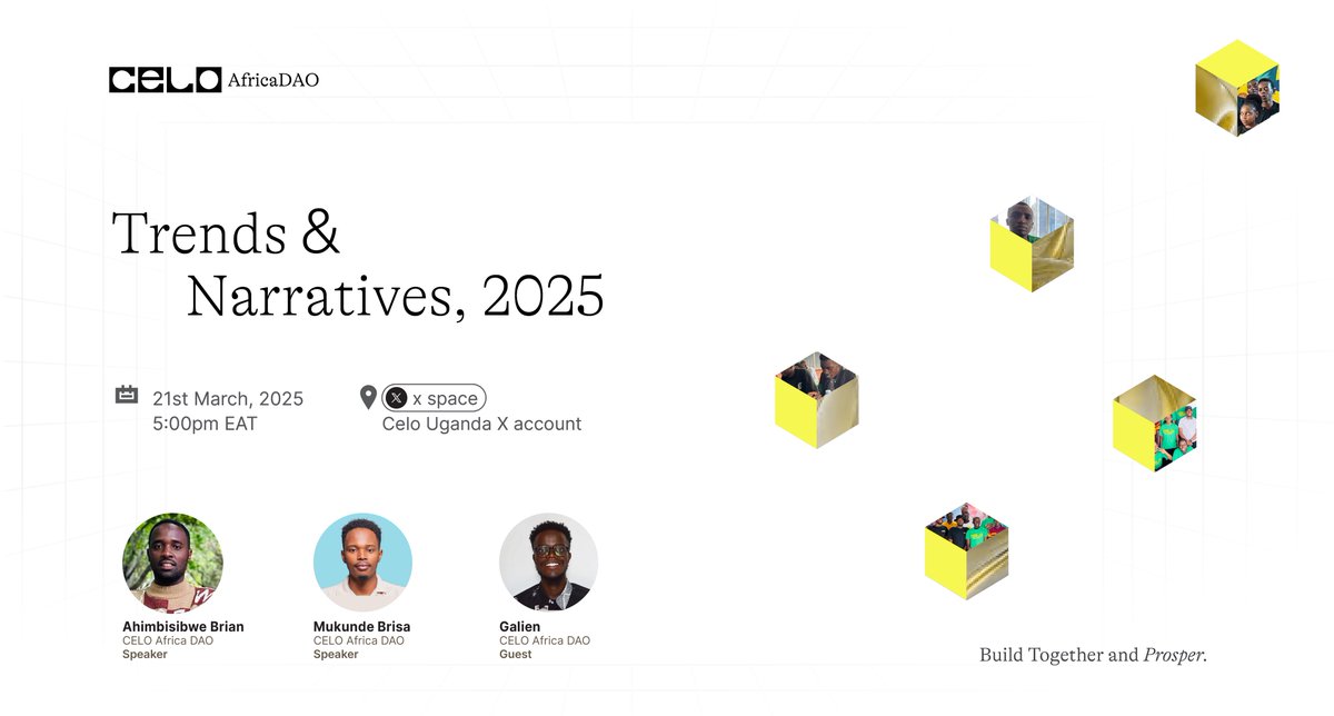 Celo Uganda 🇺🇬 (@celouganda) on Twitter photo As <a href="/Celo/">Celo.eth/acc 🦇 🌳</a> prepares for #CEL2 migration, Join us as we explore the trends and narratives that will be a game-changer for Celo in the layer2 space.
⏰Friday 21st March, 5PM EAT.
🎙️Featuring: <a href="/GalienMuhindo/">GalienCodes</a> @UniversityBloc3 <a href="/saint_brisa/">Brisa 🌱🌍</a>
Don’t miss out—let’s dive in together! As <a href="/Celo/">Celo.eth/acc 🦇 🌳</a> prepares for #CEL2 migration, Join us as we explore the trends and narratives that will be a game-changer for Celo in the layer2 space.
⏰Friday 21st March, 5PM EAT.
🎙️Featuring: <a href="/GalienMuhindo/">GalienCodes</a> @UniversityBloc3 <a href="/saint_brisa/">Brisa 🌱🌍</a>
Don’t miss out—let’s dive in together!