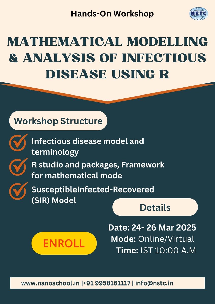ITBreakCom's tweet image. Mathematical Modelling and Analysis of Infectious Disease Using R

Date: 24-26 March 2025
Time: 10:00 PM IST

Know Now: nanoschool.in/enroll-me/?pid…
Know More: nanoschool.in/biotechnology/…

#Epidemiology #MathematicalModelling #InfectiousDiseases #RProgramming #DataScience #Biostatistics