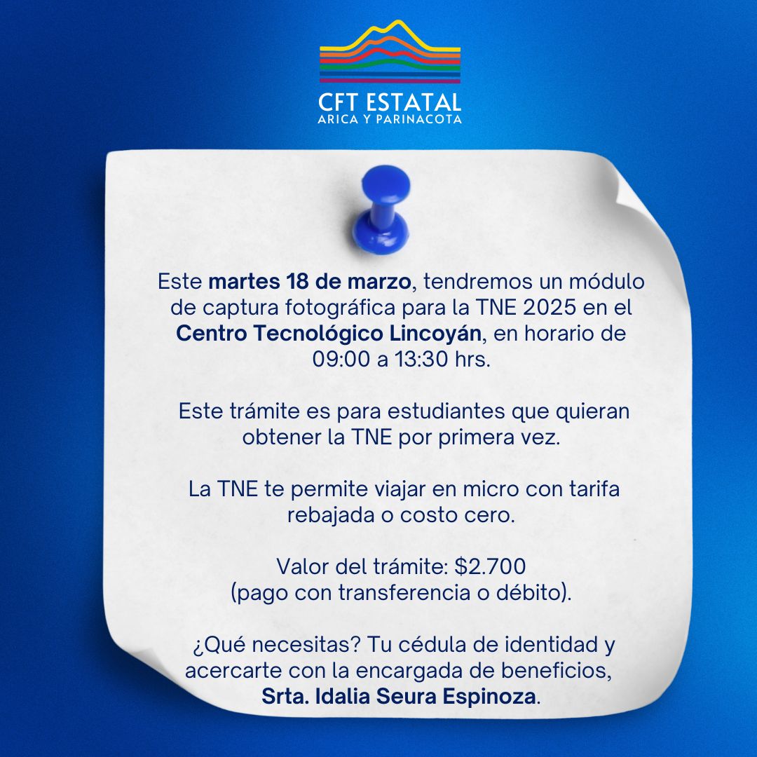 📢 ¡ATENCIÓN, ESTUDIANTES DEL CFT! 📢

🚍 ¿Aún no tienes tu TNE? ¡Esta es tu oportunidad!  HOY 18 de marzo, estará disponible un módulo de captura fotográfica en el Centro Tecnológico Lincoyán.

🕘 Horario: 09:00 - 13:30 hrs
💳 Valor del trámite: $2.700