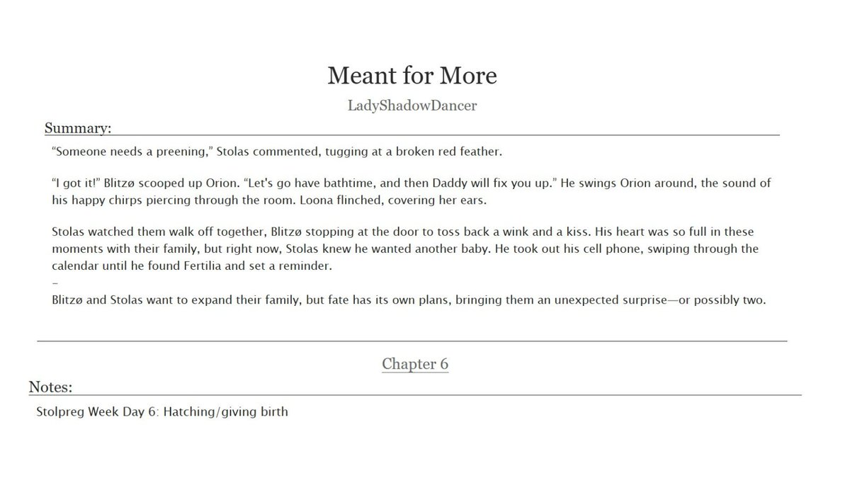 Chapter 6 of 𝗠𝗲𝗮𝗻𝘁 𝗳𝗼𝗿 𝗠𝗼𝗿𝗲 🪺

archiveofourown.org/works/63718933…

<a href="/StolpregWeek/">Stolpreg Week</a>