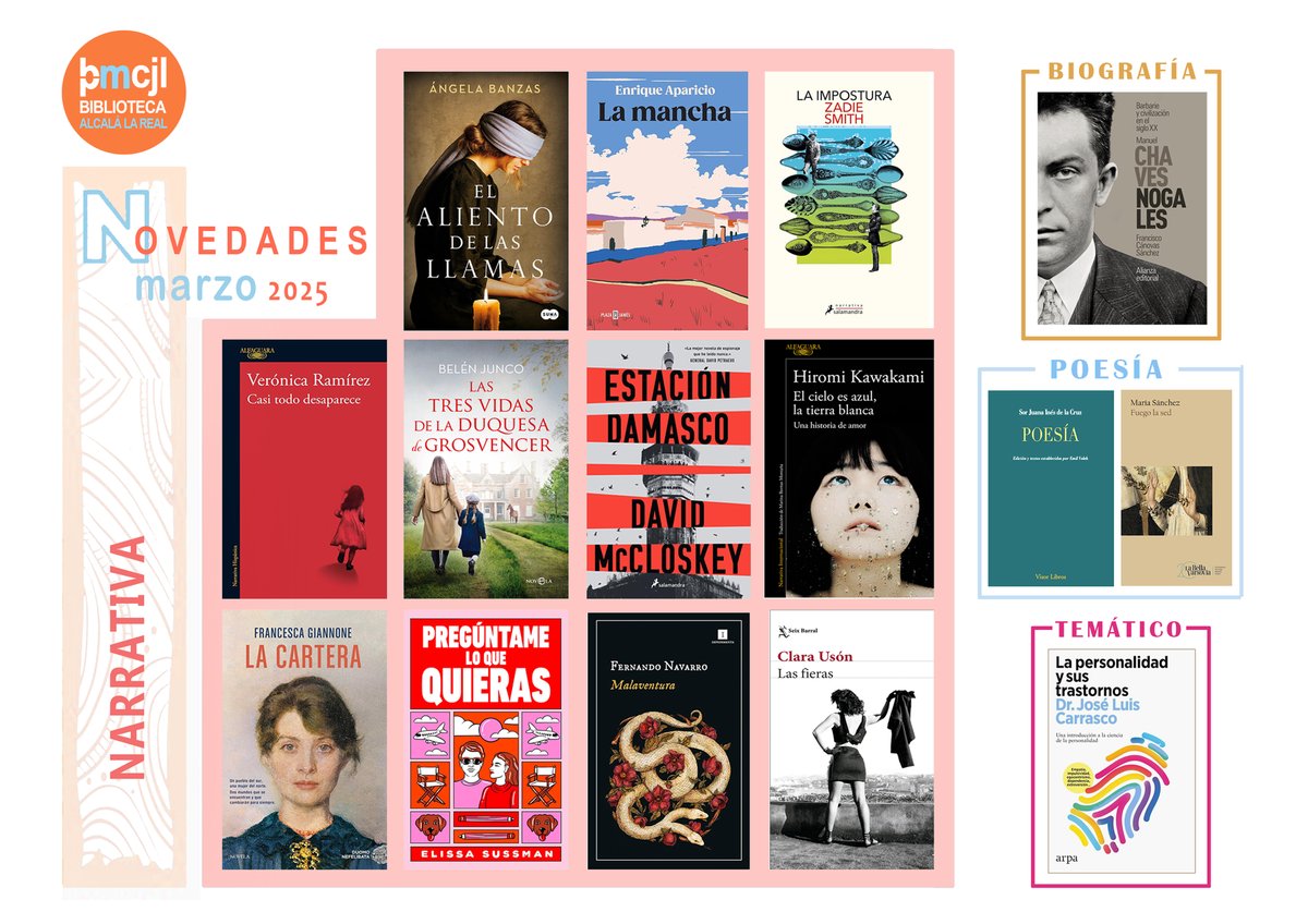 Novedades de marzo en <a href="/BibAlcalalaReal/">Biblioteca Pública de Alcalá la Real</a>.

"Un libro debe ser el hacha que rompa el mar helado que hay dentro de nosotros". Franz Kafka.